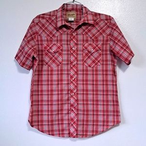 Wrangler Western Wear shirt plaid pearl snap large red shirt sleeve.